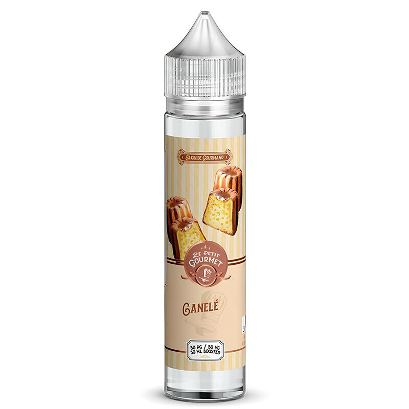Flacon de 50ml d'e-liquide Le Petit Gourmet Canelé Savourea avec étiquette beige illustrée de canelés bordelais.
