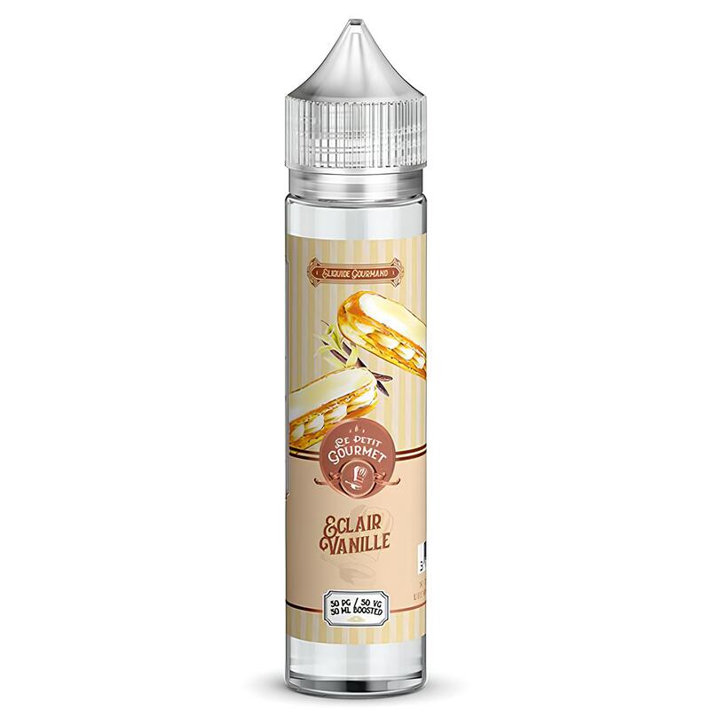 Flacon de 50ml d'e-liquide Savourea Éclair Vanille avec étiquette beige illustrée d'un éclair à la crème et gousses de vanille.