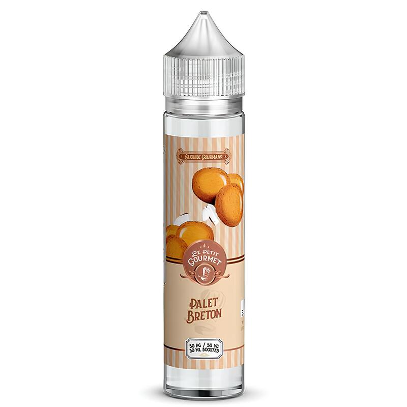 Flacon de 50ml d'e-liquide Le Petit Gourmet Palet Breton Savourea avec étiquette beige rayée illustrée de biscuits sablés.
