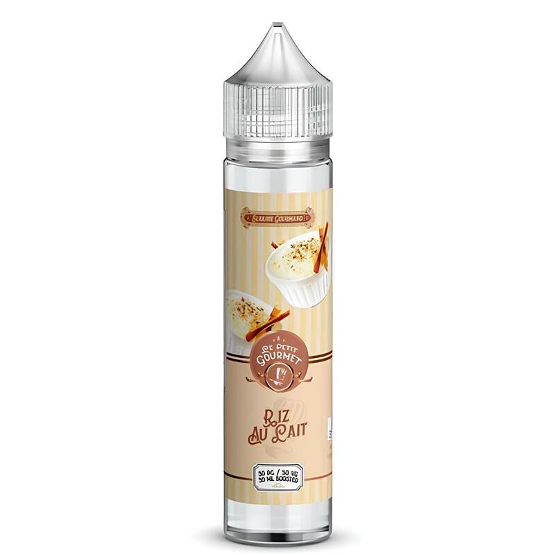 Flacon de 50ml d'e-liquide Savourea Le Petit Gourmet Riz au Lait avec étiquette beige à rayures et illustration de dessert.