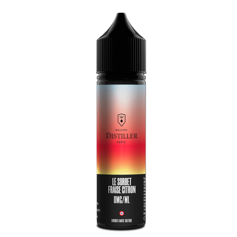 Flacon de 50ml E-liquide Maison Distiller Sorbet Fraise Citron avec étiquette dégradée rouge et jaune et bouchon noir.