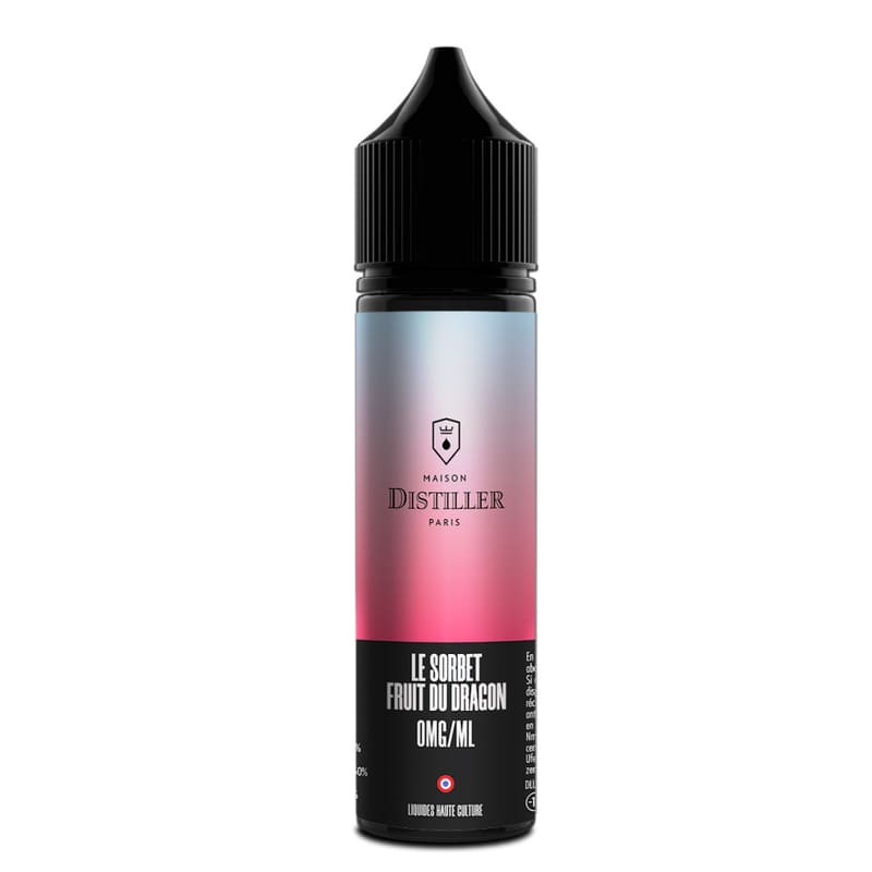 Flacon de 50ml d'e-liquide Maison Distiller Le Sorbet Fruit du Dragon avec étiquette dégradée rose et bleue.