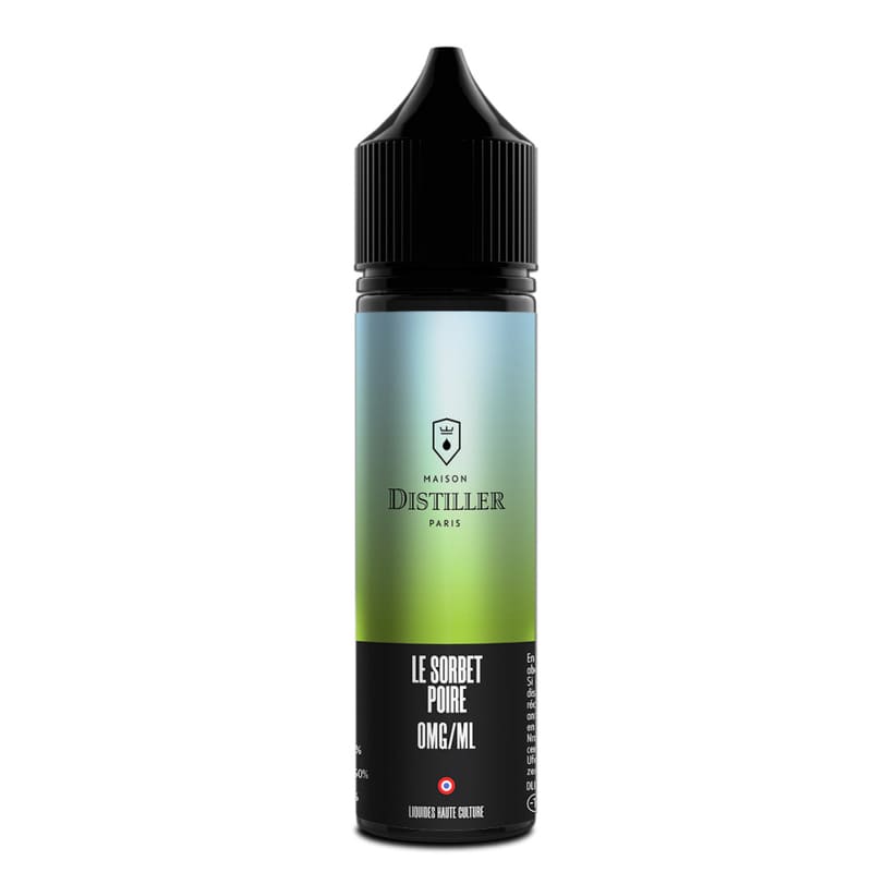 Flacon de 50ml d'e-liquide Le Sorbet Poire Maison Distiller avec étiquette dégradée bleu et vert et bouchon noir.