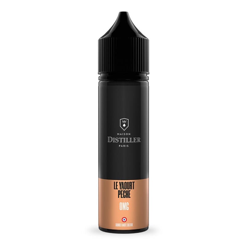 Flacon d'e-liquide Maison Distiller 50ml, design noir et pêche avec bouchon noir, étiquette élégante et moderne.