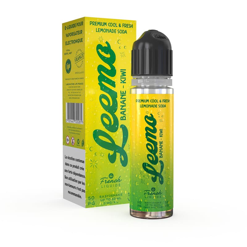 Flacon d'e-liquide Leemo Banane Kiwi 60ml et son emballage jaune et vert avec design de limonade fruitée.