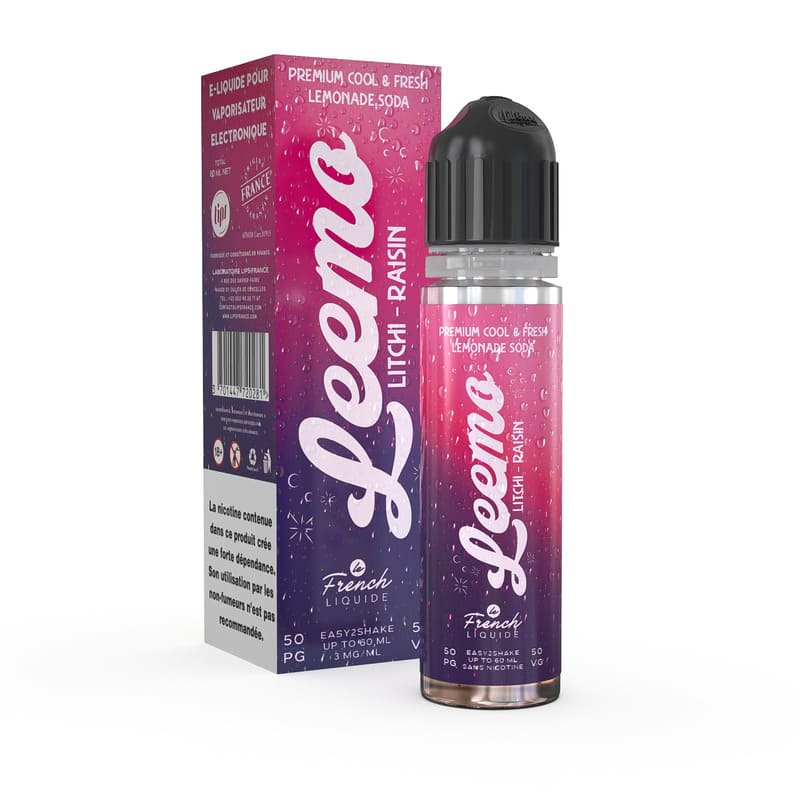 Flacon et boîte d'e-liquide Leemo Litchi Raisin 60ml aux tons rose et violet avec design de limonade pétillante.