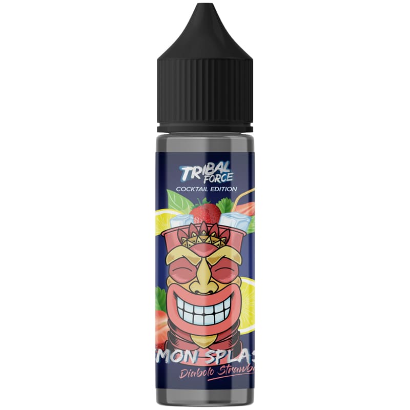 Flacon de 50ml Tribal Force Lemon Splash Diabolo Strawberry avec étiquette illustrée d'un totem rouge et fruits frais.