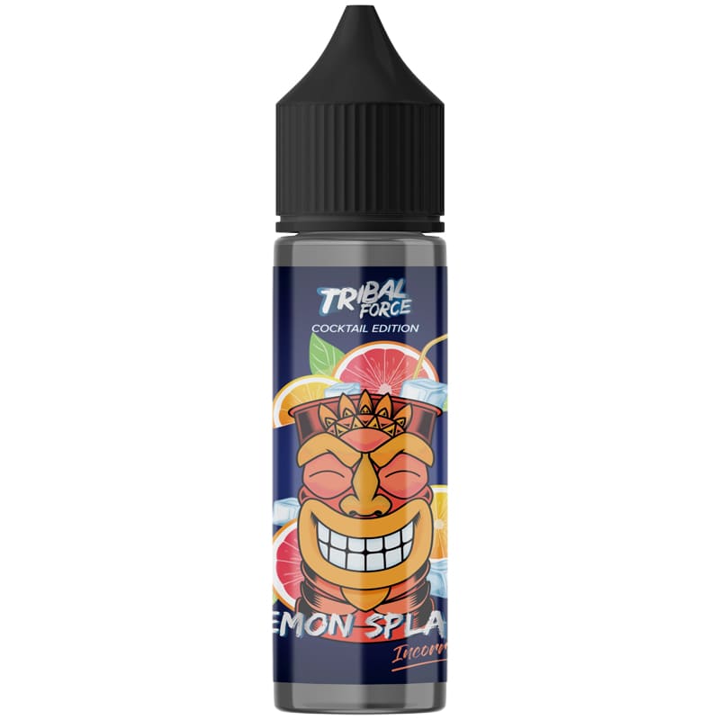 Flacon de 50ml Tribal Force Lemon Splash avec étiquette illustrée d'un totem tiki, agrumes et glaçons sur fond bleu.