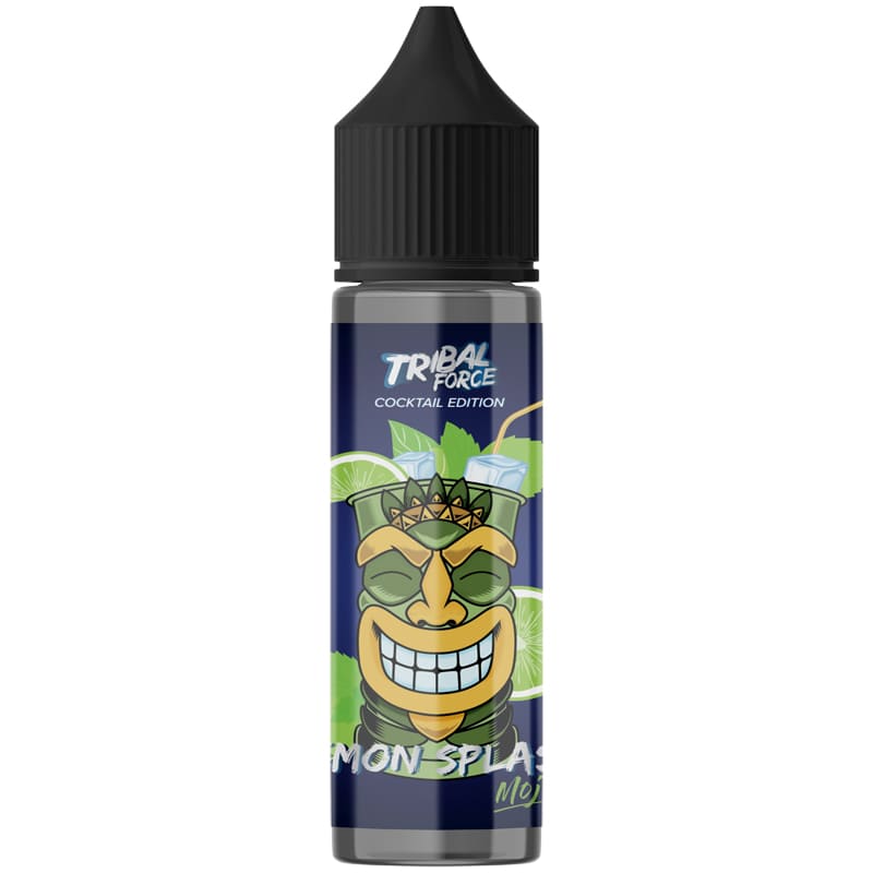 Flacon de 50ml Tribal Force Lemon Splash Mojito avec étiquette illustrée d'un totem tiki vert sur fond bleu.