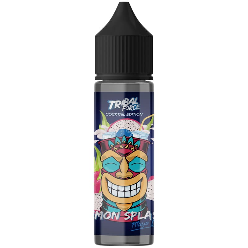 Flacon de 50ml Lemon Splash Pitaya Lagoon Tribal Force avec étiquette illustrée d'un totem tiki coloré et fruits tropicaux.