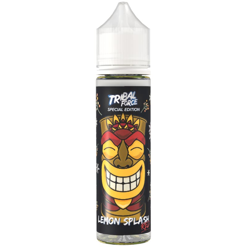 Flacon de 50ml d'e-liquide Tribal Force Lemon Splash Red avec étiquette noire illustrée d'un totem souriant.