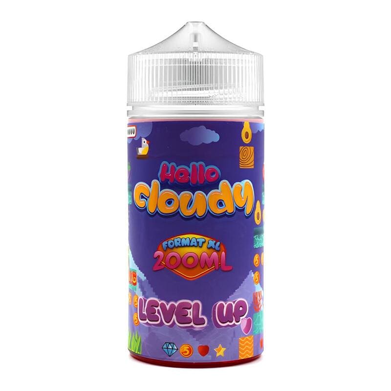 Flacon unicorn de 200ml Hello Cloudy Level Up avec étiquette violette illustrée de motifs de jeux vidéo colorés.