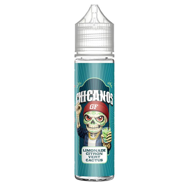 Flacon d'e-liquide Chicanos Limonade Citron Vert Cactus avec étiquette illustrée d'un squelette sur fond bleu turquoise.