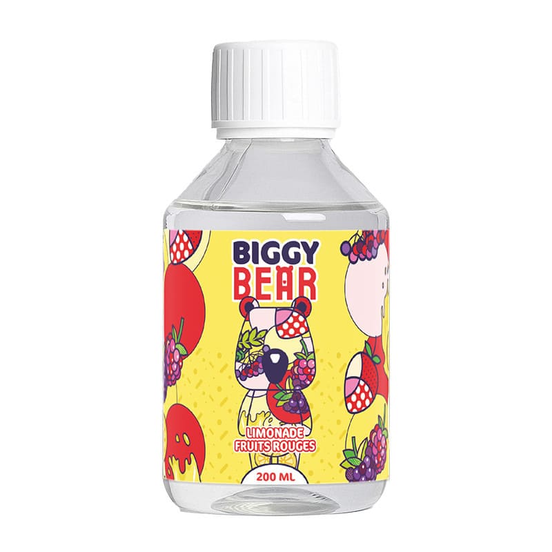 Flacon transparent de 200 ml d'e-liquide Biggy Bear Limonade Fruits Rouges avec étiquette jaune illustrée d'un ours.