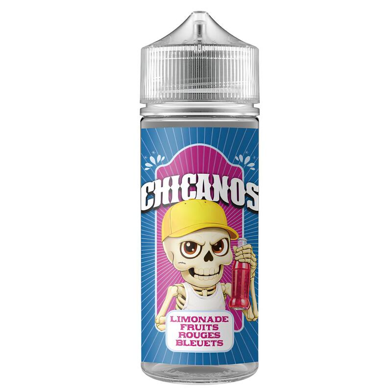 Flacon d'e-liquide Chicanos Limonade Fruits Rouges Bleuets avec étiquette illustrée d'un squelette sur fond bleu et rose.