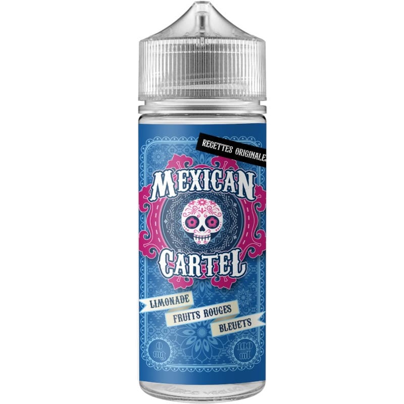 Flacon d'e-liquide Mexican Cartel Limonade Fruits Rouges Bleuets avec étiquette bleue ornée d'un crâne mexicain rose.