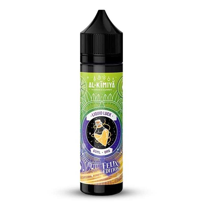 Flacon d'e-liquide Al-Kimiya Liquid Luck Felix Edition 50ml avec étiquette colorée à motifs mandala et fiole magique.
