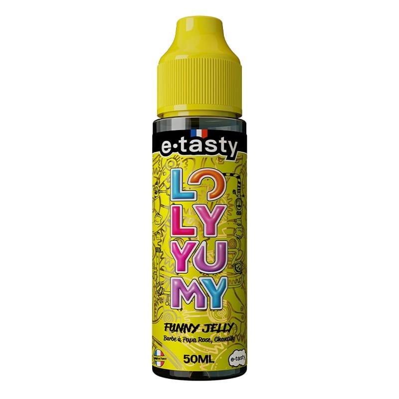 Flacon d'e-liquide E.Tasty Loly Yumy Funny Jelly 50ml avec bouchon jaune et étiquette colorée style bonbon.