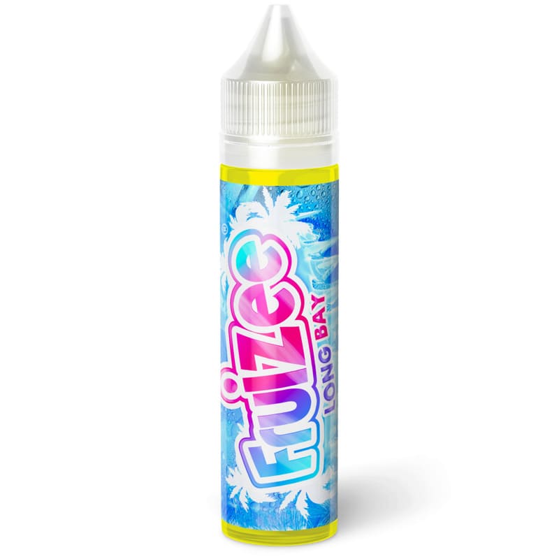 Flacon de 50ml d'e-liquide Fruizee Long Bay avec étiquette bleue tropicale, logo dégradé rose et bleu et bouchon transparent.