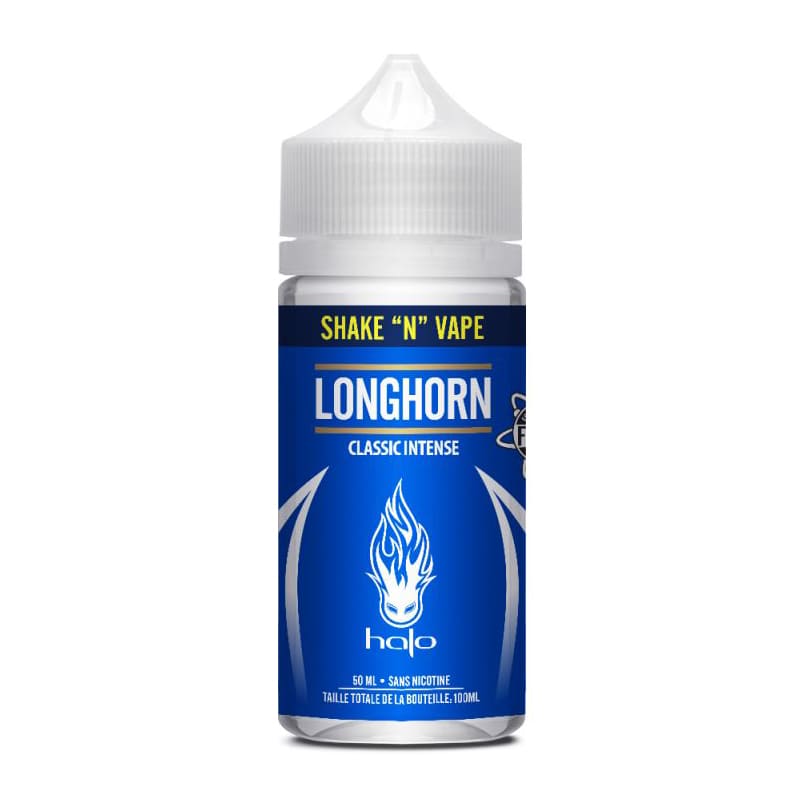 Flacon de 50 ml d'e-liquide Halo Longhorn avec étiquette bleue, logo flamme blanc et bouchon transparent.