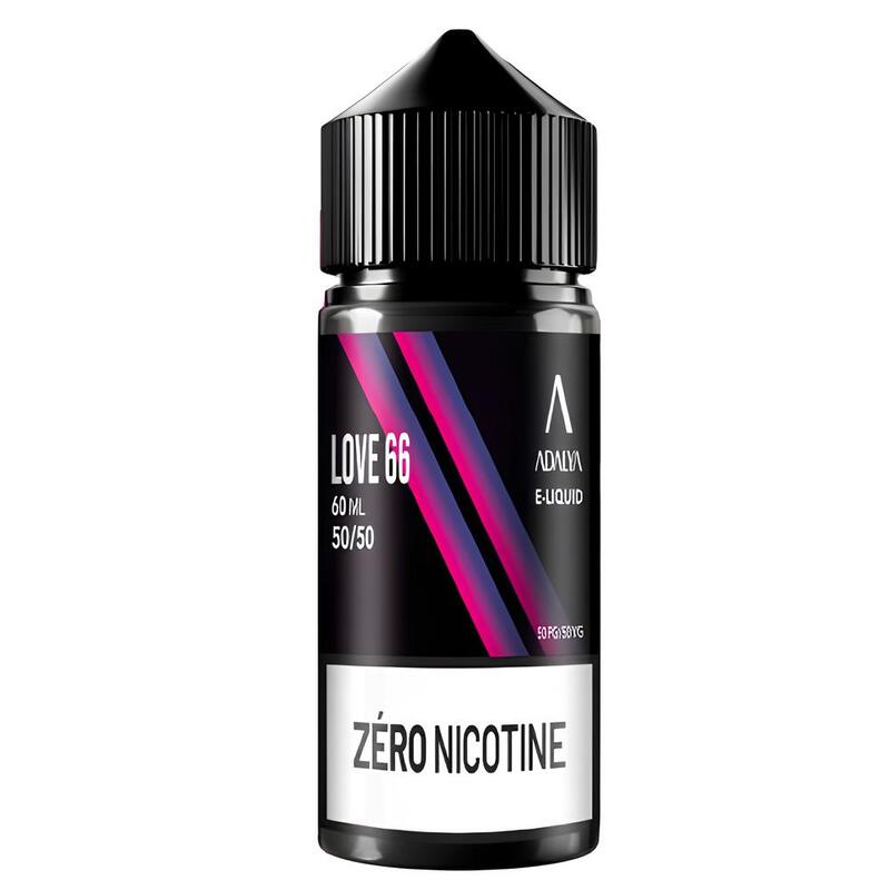 Flacon d'e-liquide Adalya Love 66 de 60ml avec étiquette noire, touches rose et violet, bouchon noir et mention zéro nicotine.