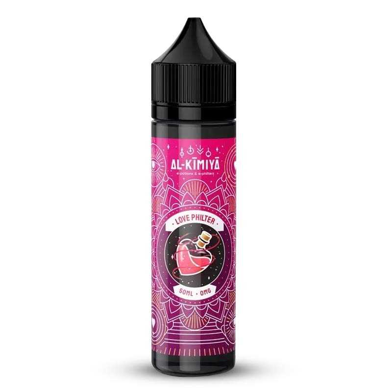 Flacon de 50ml d'e-liquide Al-Kimiya Love Philter avec étiquette rose ornée de motifs mandala et d'une fiole magique.