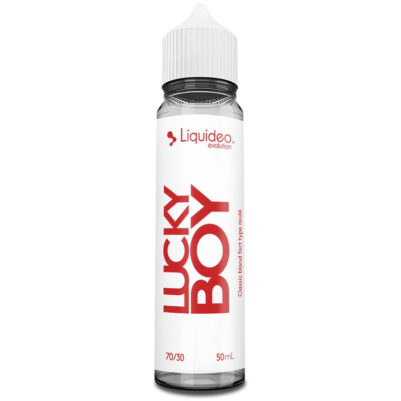 Flacon d'e-liquide Lucky Boy Liquideo 50ml avec étiquette blanche et texte rouge, bouchon blanc, ratio 70/30.