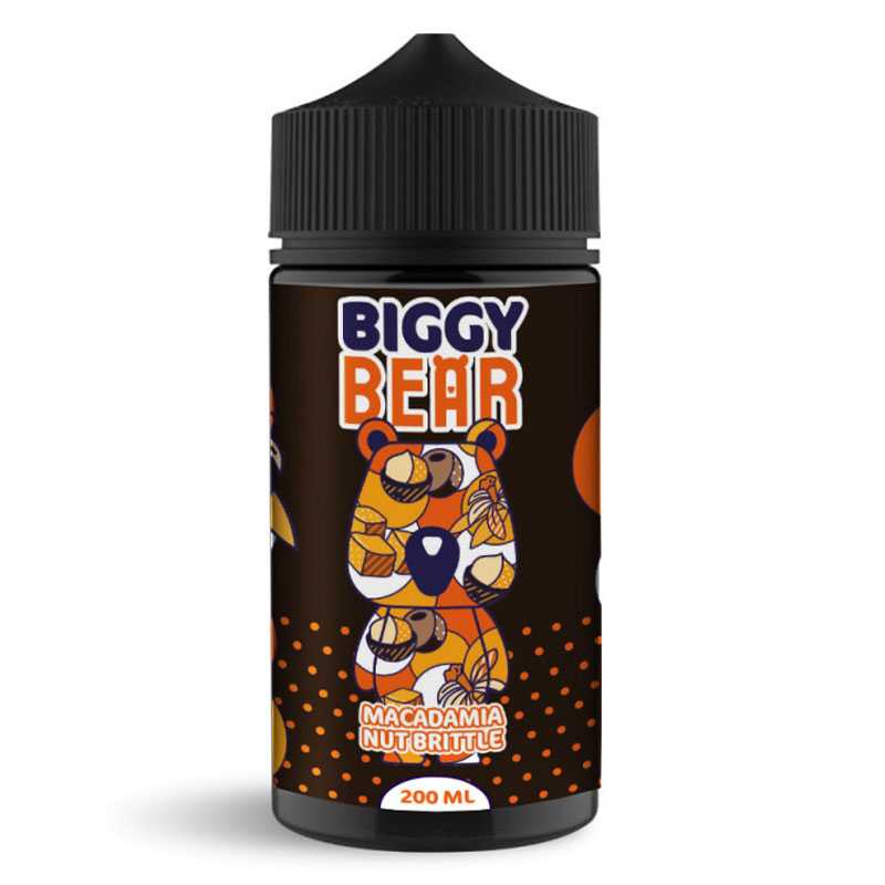 Flacon d'e-liquide Biggy Bear 200ml avec étiquette illustrée d'un ours aux motifs de noix de macadamia et caramel.