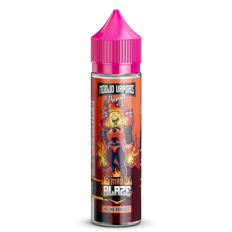 Flacon d'e-liquide Mad Blaze 50ml avec bouchon rose, étiquette illustrée d'un personnage enflammé, saveur pêche et abricot.