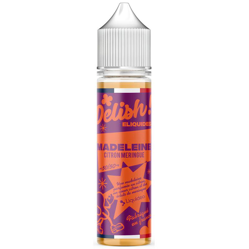 Flacon d'e-liquide Delish Liquideo Madeleine Citron Meringué 50ml avec étiquette orange et violette sur fond blanc.