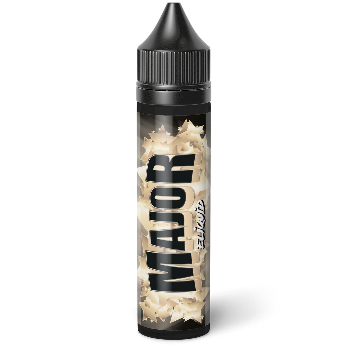 Flacon de 50ml E-liquide Major Eliquid France avec étiquette noire et dorée à motifs d'étoiles et bouchon noir.