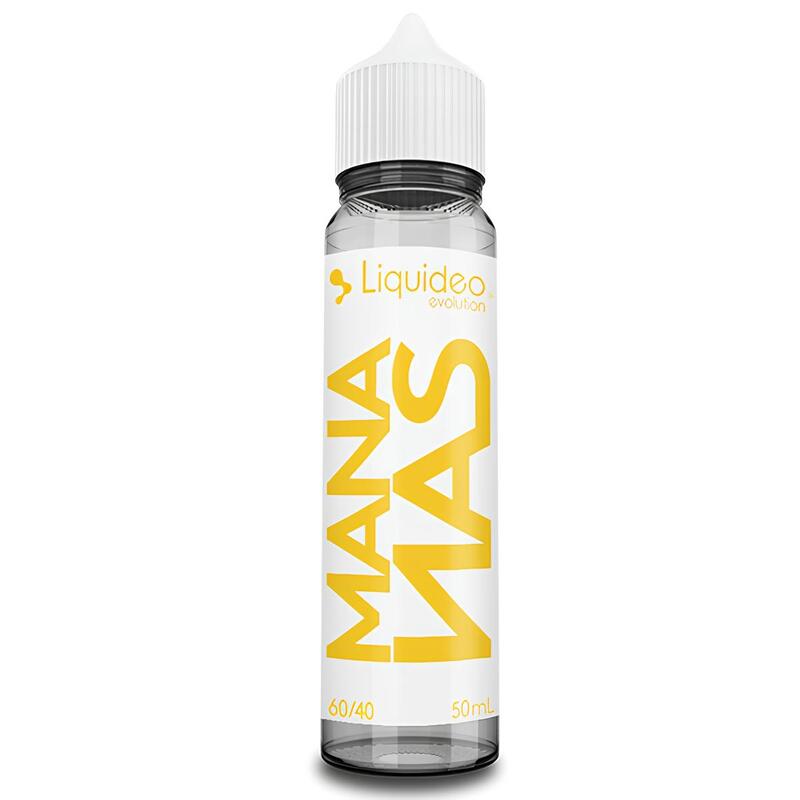 Flacon d'e-liquide Liquideo Mananas 50ml avec étiquette jaune et blanche, bouchon blanc et design moderne.