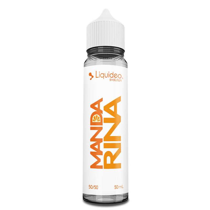 Flacon d'e-liquide Liquideo Mandarina 50ml avec étiquette blanche et texte orange, bouchon blanc, format 50/50 PG/VG.