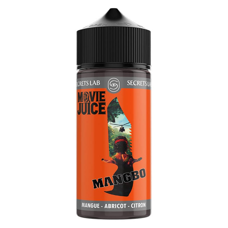 Flacon de 100ml E-liquide Mangbo Secret's Lab Movie Juice, étiquette orange avec illustration style film d'action.