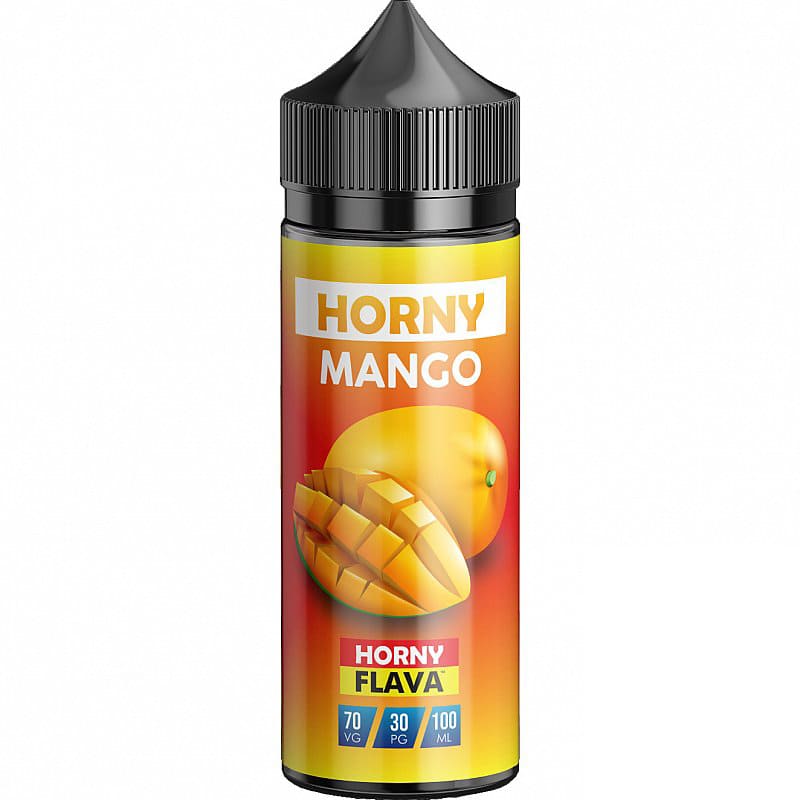 Flacon de 100ml Horny Flava Mango avec étiquette jaune et rouge illustrée d'une mangue juteuse et bouchon noir.