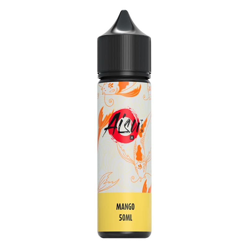 Flacon de 50ml d'e-liquide Aisu Mango avec étiquette blanche illustrée de carpes koï orange et bouchon noir.