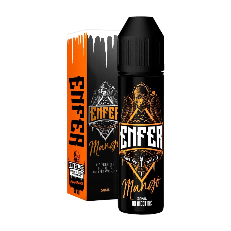 Flacon de 50ml Enfer Mango noir et orange avec illustration de crâne, accompagné de sa boîte cartonnée assortie.
