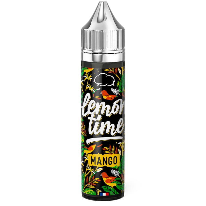 Flacon de 50ml Lemon'Time Mango avec étiquette noire à motifs tropicaux, perroquets colorés et bouchon argenté.