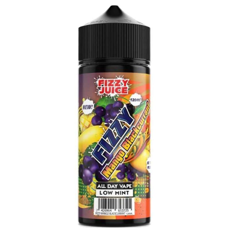 Flacon de 100ml FIZZY Mango Blackcurrant avec étiquette colorée illustrant des mangues et du cassis, bouchon noir.