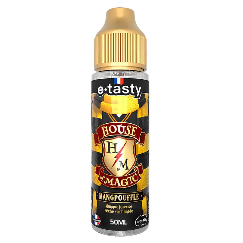 Flacon d'e-liquide Mangpouffle 50ml E.Tasty avec étiquette noire et dorée aux motifs magiques et bouchon beige.