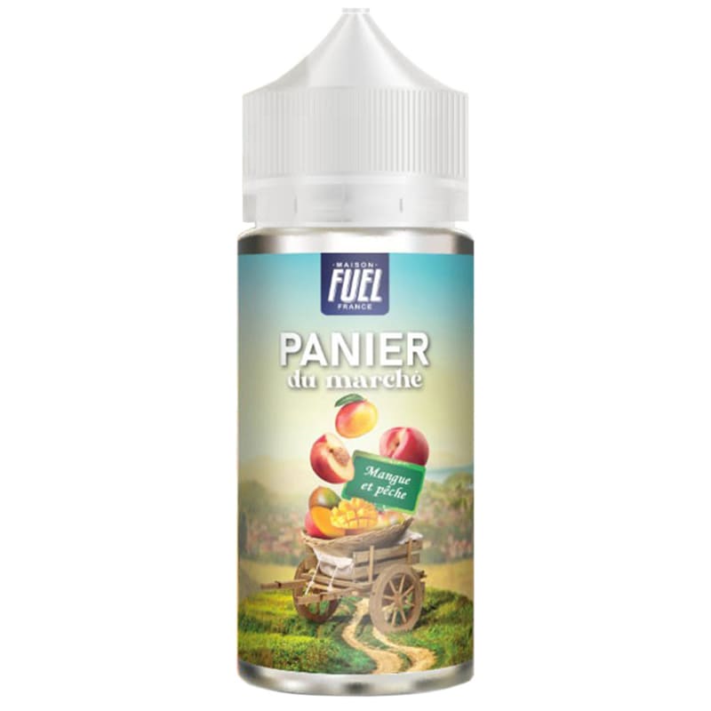 Flacon de 100ml d'e-liquide Maison Fuel Panier du Marché saveur mangue et pêche avec étiquette illustrée d'un chariot.