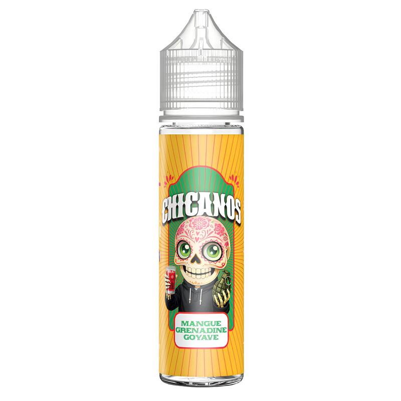 Flacon d'e-liquide Chicanos Mangue Grenadine Goyave avec étiquette colorée illustrée d'un crâne mexicain sur fond jaune.