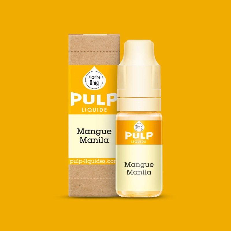 Flacon de 10ml et boîte en carton PULP Original saveur Mangue Manila sur fond jaune vif.