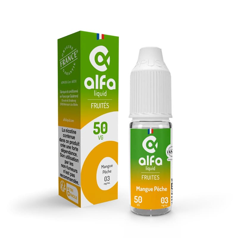 Flacon d'e-liquide Alfaliquid Mangue Pêche 10ml avec sa boîte en carton aux tons vert et orange sur fond blanc.