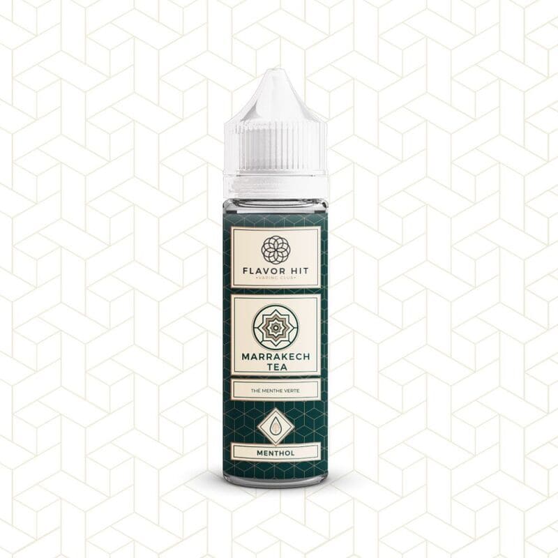 Flacon de 50ml Flavor Hit Marrakech Tea avec étiquette vert foncé à motifs géométriques et bouchon blanc.