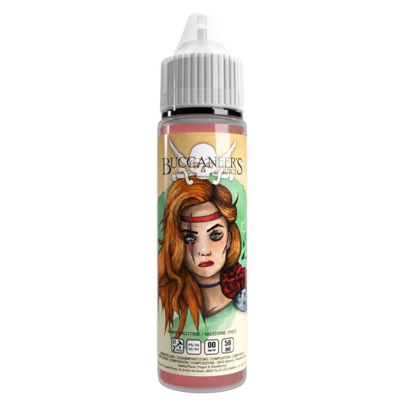 Flacon de 50ml d'e-liquide Mary Read Buccaneer's Juice avec illustration de pirate rousse sur fond blanc.