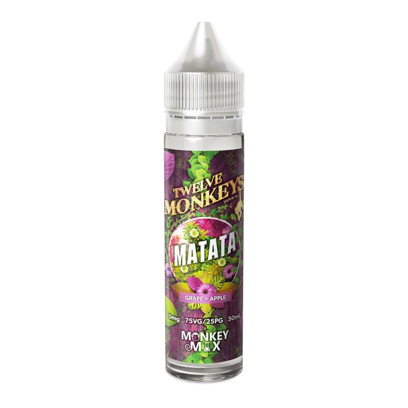 Flacon de e-liquide Twelve Monkeys Matata 50ml avec étiquette colorée illustrant des raisins et des pommes.