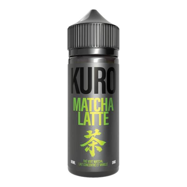 Flacon d'e-liquide Kuro Matcha Latte 80ml, étiquette noire avec texte vert et symbole japonais sur fond blanc.