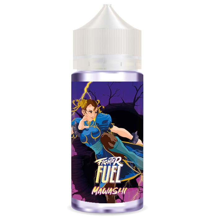 Flacon d'e-liquide Fighter Fuel Mawashi avec illustration de combattante sur fond violet et bouchon blanc.