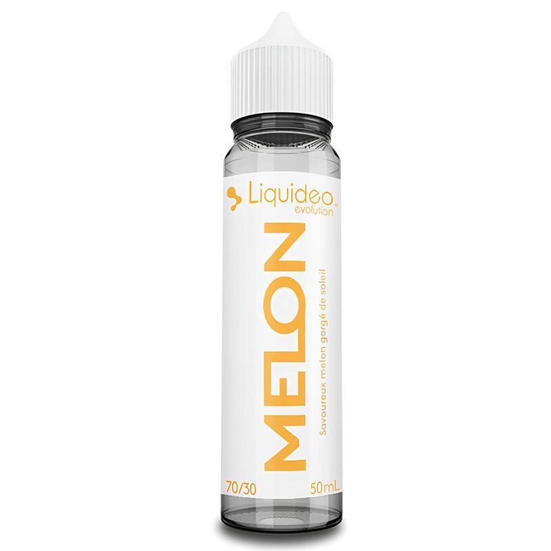Flacon d'e-liquide Liquideo Evolution Melon 50ml avec étiquette blanche et texte orange, bouchon blanc, ratio 70/30.